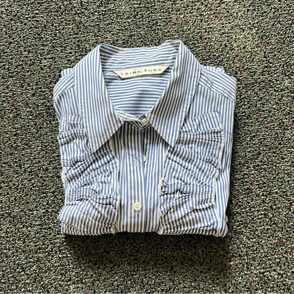 TRINA TURK Blue & White Striped Seersucker Button Down Top Shirt Ruffle Detail S - Picture 9 of 16